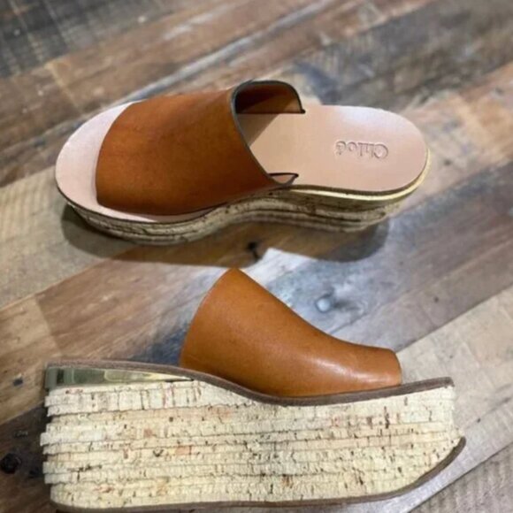 Chloe Camille Platform Wedge Mule Sandals – Brown Leather with Gold Detail - Picture 4 of 6